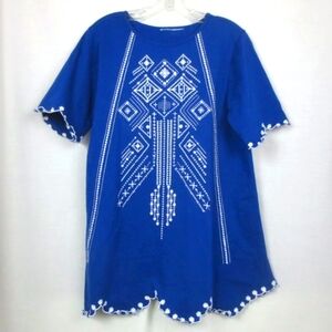 Vintage 70s Tunic Royal Blue Boho White Embroidered Scallop Detail Comfy Size L